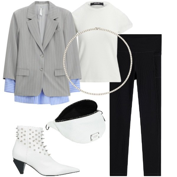 Outfit donna - Un tocco di luce d’inverno - Focus Donna. Stile Casual chic per Tutti i giorni. Abbinamento con stivaletti, marsupi, blazer, leggings, collane, t-shirt.