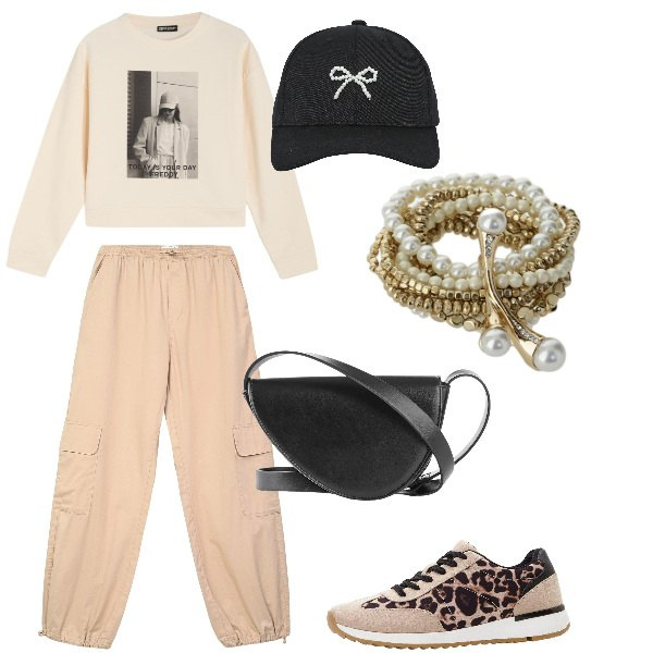Outfit donna - Total look #2341066. Stile Casual per Tutti i giorni. Abbinamento con sneakers, borse a tracolla, pantaloni cargo, cappelli con visiera, braccialetti, felpe.