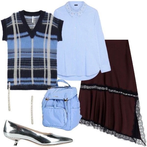 Outfit donna - Un tocco di luce d’inverno - Focus Donna. Stile Vintage retrò per Ufficio. Abbinamento con décolleté, zaini, gonne lunghe, maglieria, camicie, orecchini.