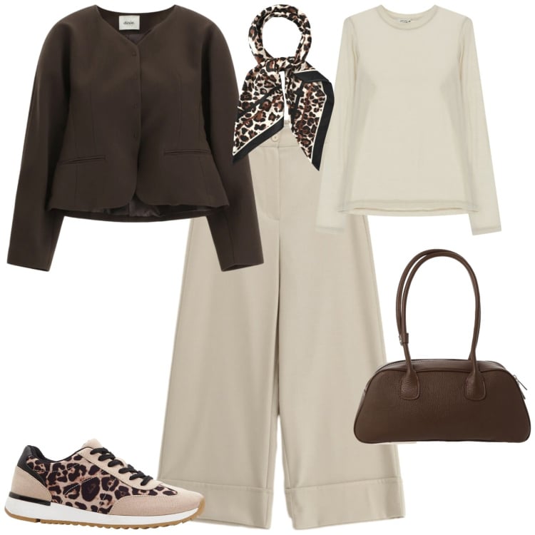 Outfit donna - Trendy ufficio tempo libero. Stile Trendy per Ufficio. Abbinamento con sneakers, foulard, blazer, t-shirt, pantaloni a palazzo, borse a mano.