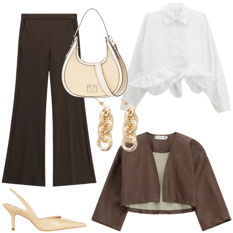 Outfit donna - Sicura di te. Stile Trendy per Scuola/Università. Abbinamento con pantaloni, camicie, orecchini, blazer, borse a mano, décolleté.