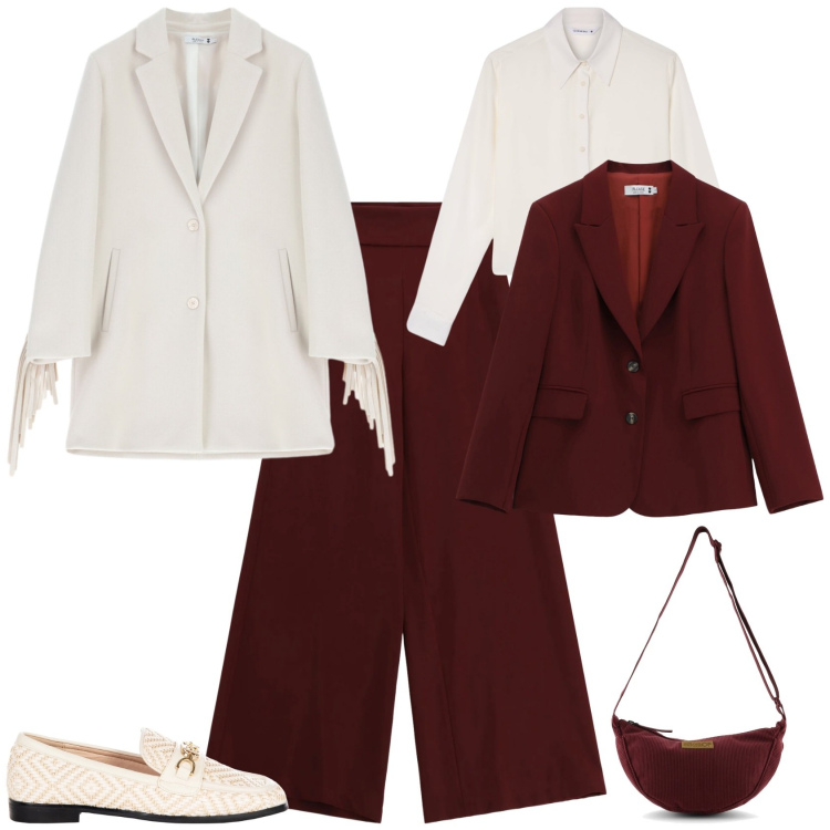 Outfit donna - Minimal ufficio tempo libero. Stile Minimal per Ufficio. Abbinamento con camicie, cappotti, blazer, pantaloni a palazzo, mocassini, borse a tracolla.