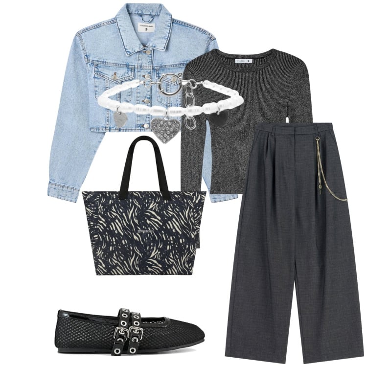 Outfit donna - Total look #2341080. Stile Casual chic per Tutti i giorni. Abbinamento con blazer, maglieria, pantaloni a palazzo, braccialetti, shopping bag, ballerine.