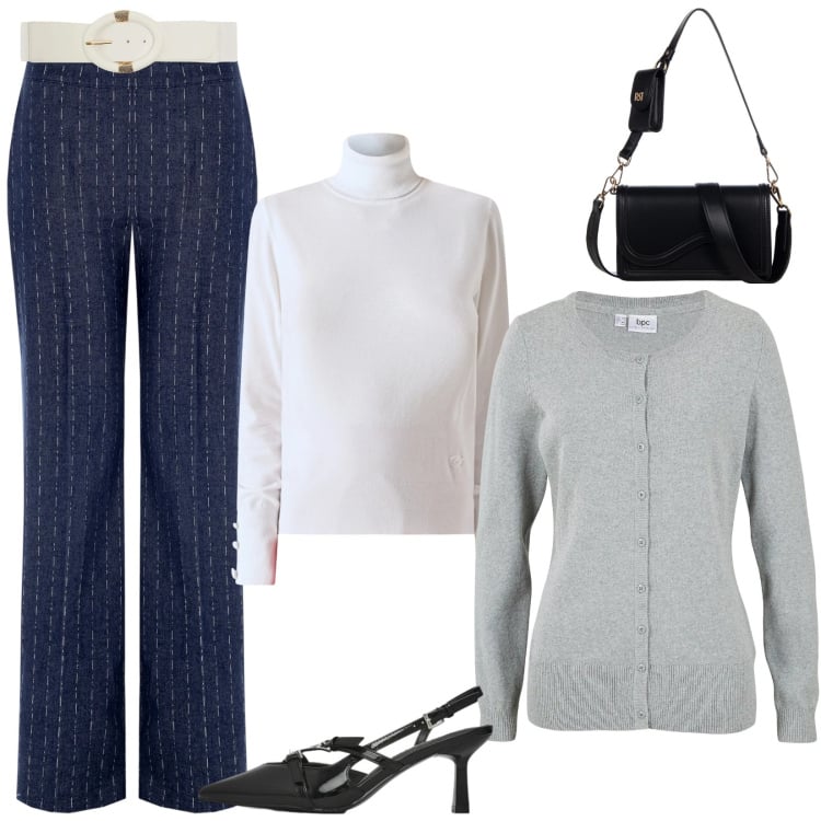 Outfit donna - Total look #2341090. Stile Casual chic per Ufficio. Abbinamento con cardigans, cinture, décolleté, pochette, pantaloni, maglieria.