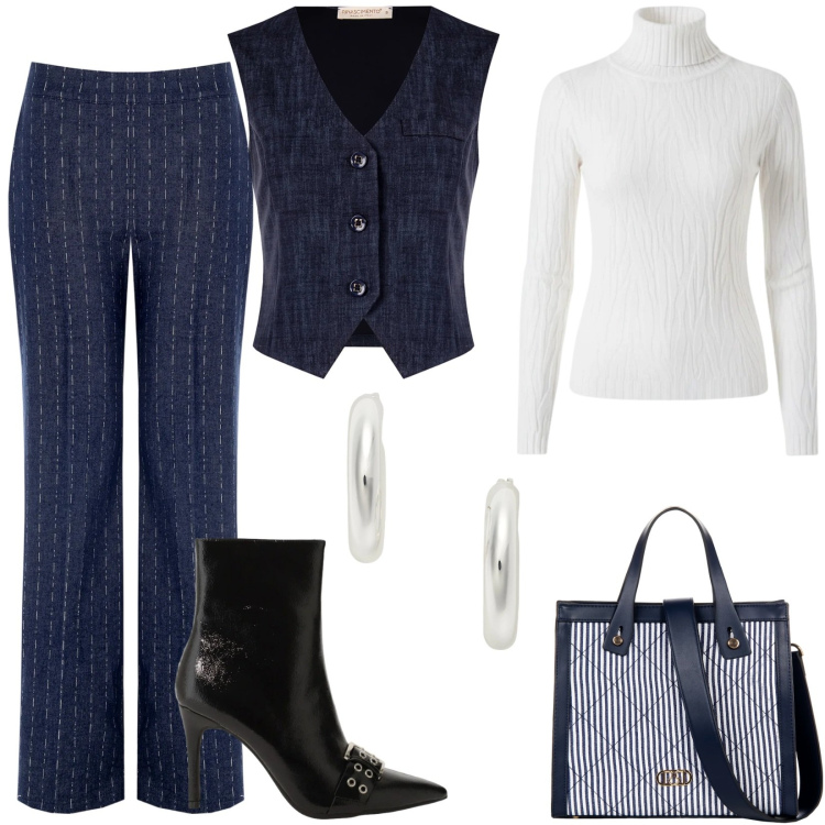 Outfit donna - Total look #2341092. Stile Casual chic per Tutti i giorni. Abbinamento con stivaletti, shopping bag, pantaloni, gilet, maglieria, orecchini.