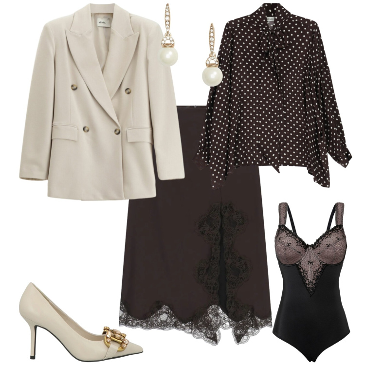 Outfit donna - Bon ton cerimonia evento serata. Stile Bon Ton per Cerimonia. Abbinamento con décolleté, body, camicie, blazer, gonne longuette, orecchini.