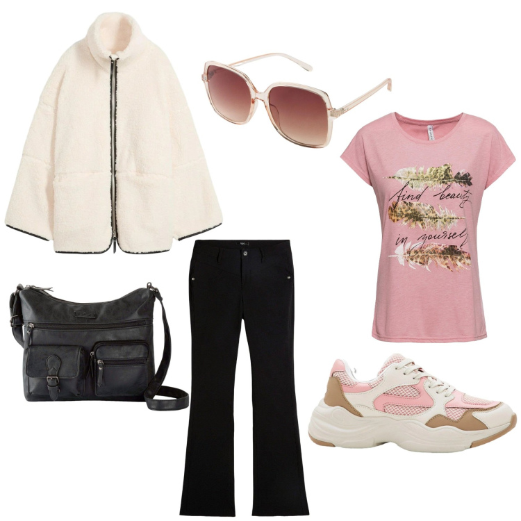 Outfit donna - Mai senza il rosa. Stile Casual per Tutti i giorni. Abbinamento con blazer, pantaloni, t-shirt, borse a tracolla, occhiali da sole, sneakers.