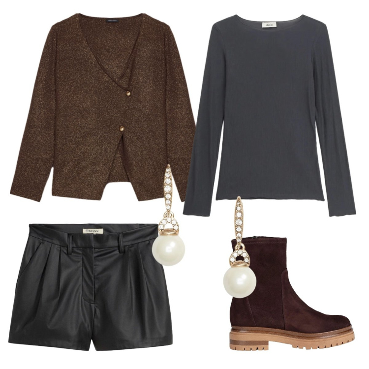 Outfit donna - Urban chic a febbraio. Stile Urban per Tutti i giorni. Abbinamento con stivaletti, shorts, cardigans, t-shirt, orecchini.