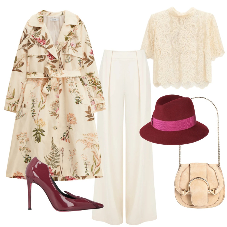 Outfit donna - Romantic glam. Stile Glamour per Cerimonia. Abbinamento con décolleté, marsupi, cappelli, top, trench, pantaloni a palazzo.