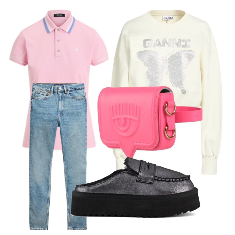 Outfit donna - Mi distinguo in classe. Stile Preppy per Scuola/Università. Abbinamento con marsupi, felpe, jeans slim fit, polo, mocassini.