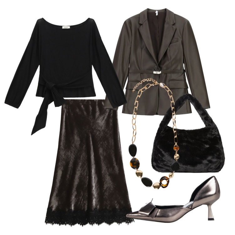 Outfit donna - Texture luninose. Stile Chic per Serata fuori. Abbinamento con borse a spalla, collane, décolleté, blazer, gonne lunghe, top.