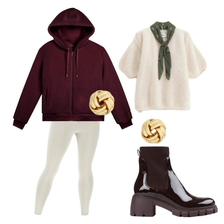 Outfit donna - Panna e cioccolato. Stile Sporty chic per Tutti i giorni. Abbinamento con stivaletti, maglieria, pantaloni skinny, bomber, orecchini.