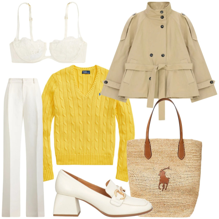 Outfit donna - Il mocassino con il tacco. Stile Minimal per Tutti i giorni. Abbinamento con mocassini, trench, borse tote, reggiseni a balconcino, maglieria, pantaloni.
