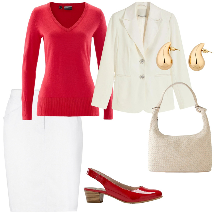 Outfit donna - Aspetto la primavera. per Ufficio. Abbinamento con décolleté, maglieria, gonne, orecchini, blazer, shopping bag.