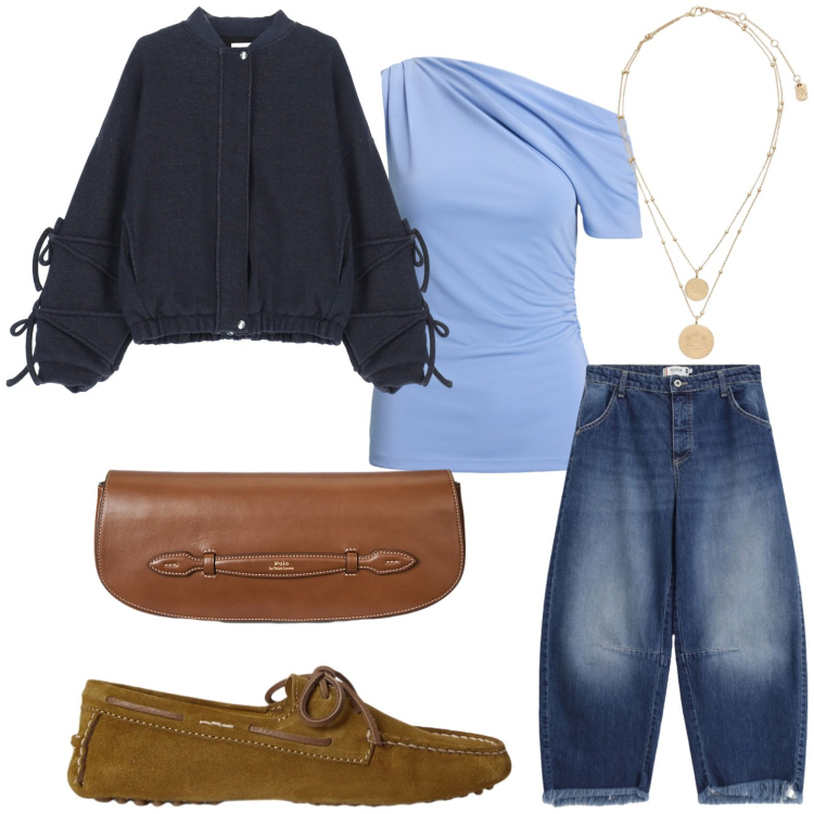 Outfit donna - La collana illuminante. Stile Casual per Tutti i giorni. Abbinamento con bomber, jeans, ciondoli, clutch, mocassini, top.