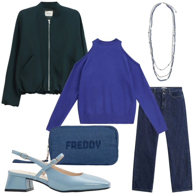 Outfit donna - Tonalità blu. Stile Casual per Tutti i giorni. Abbinamento con décolleté, collane, pantaloni, maglieria, bomber, pochette.