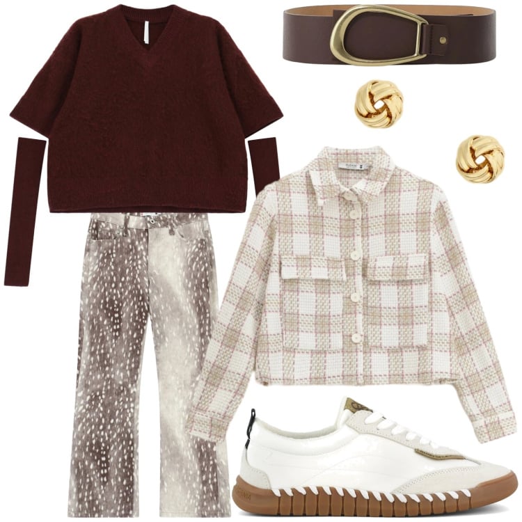 Outfit donna - Gli orecchini versatili. Stile Casual per Tutti i giorni. Abbinamento con maglieria, pantaloni, cappotti, cinture, orecchini, sneakers.