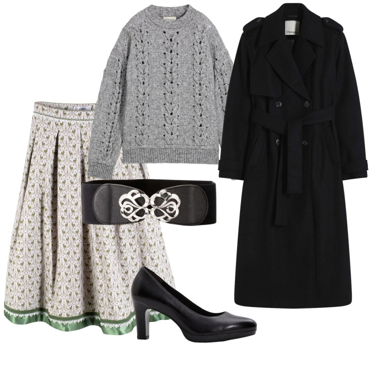 Outfit donna - Cappotto nero in primavera. per Tutti i giorni. Abbinamento con gonne longuette, trench, maglieria, décolleté, cinture.