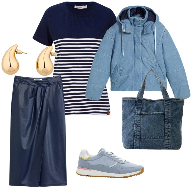 Outfit donna - Aspettando la primavera. per Tutti i giorni. Abbinamento con t-shirt, orecchini, shopping bag, giacche, gonne longuette, sneakers.