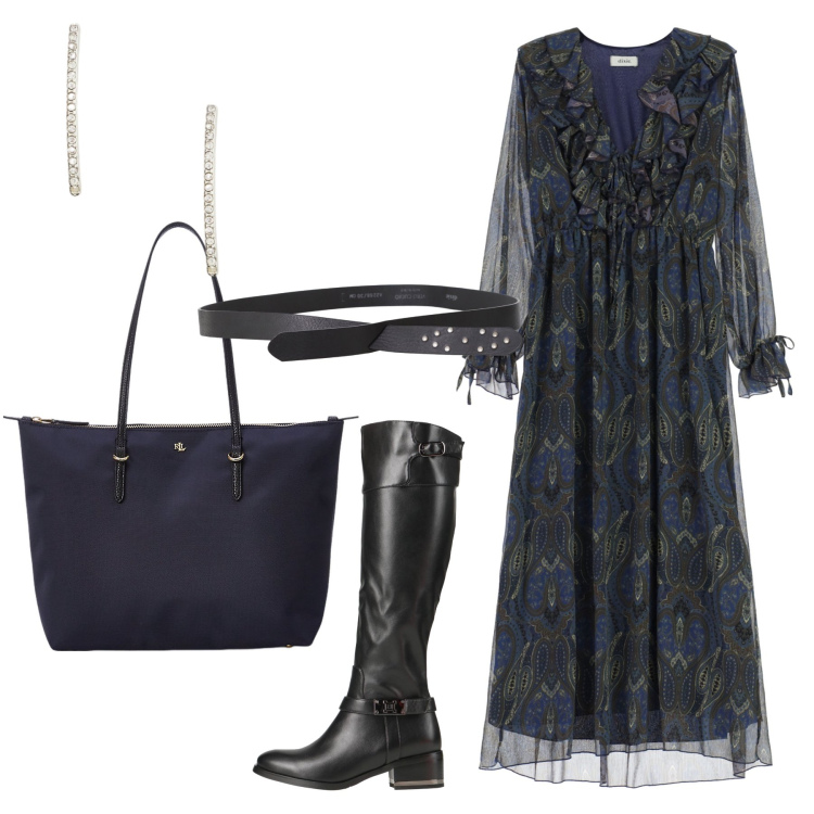 Outfit donna - Total look #2341127. Stile Casual chic per Serata fuori. Abbinamento con stivali, vestiti lunghi, cinture, borse tote, orecchini.