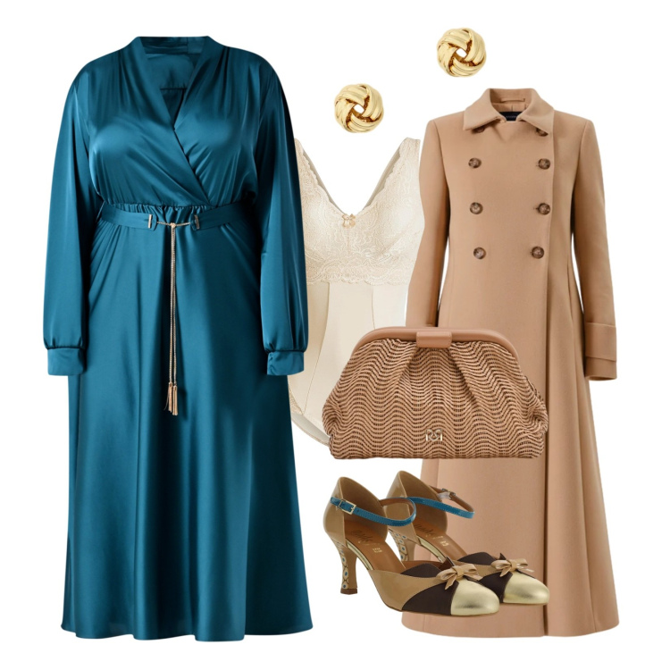 Outfit donna - Femminilità. Stile Chic per Serata fuori. Abbinamento con body, décolleté, pochette, vestiti midi/longuette, cappotti, orecchini.