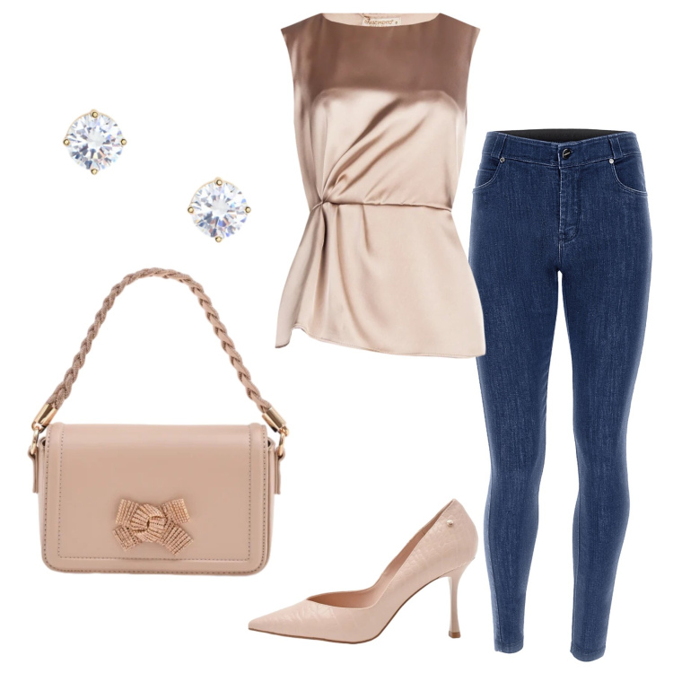 Outfit donna - Total look #2341129. Stile Glamour per Serata fuori. Abbinamento con jeans skinny, pochette, décolleté, bluse, orecchini.