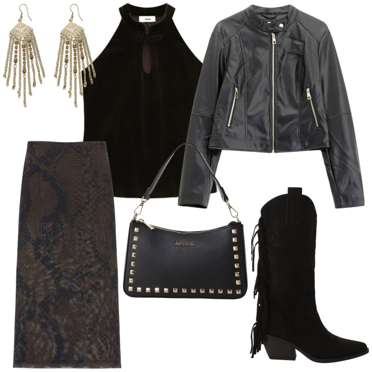 Outfit donna - Cut - cut. per Serata fuori. Abbinamento con gonne lunghe, giacche, stivali, pochette, top, orecchini.