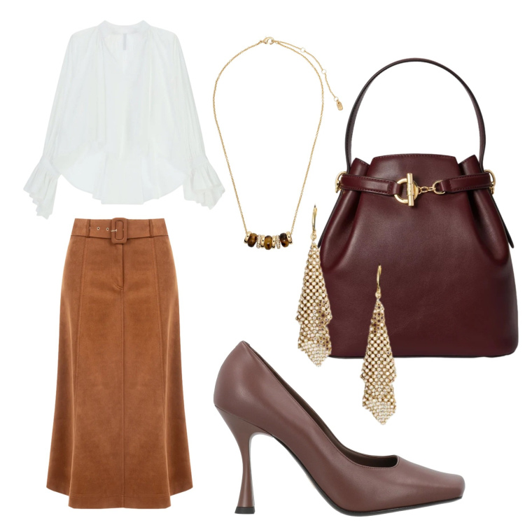 Outfit donna - Ufficio. Stile Glamour per Ufficio. Abbinamento con décolleté, camicie, gonne longuette, collane, borse a secchiello, orecchini.