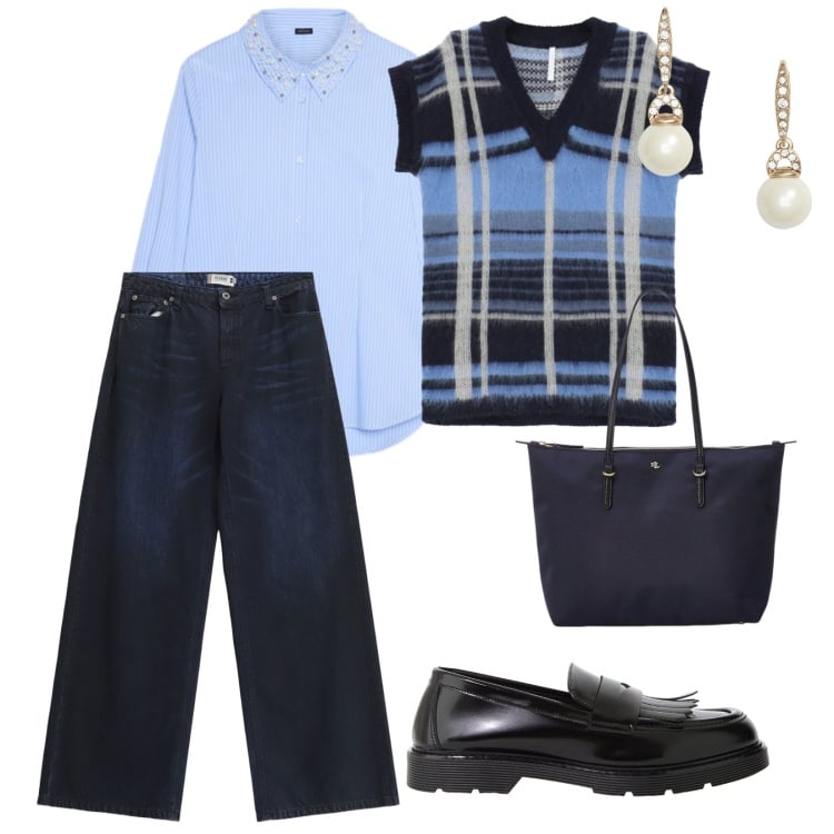 Outfit donna - Le righe. per Ufficio. Abbinamento con camicie, jeans, maglieria, borse tote, orecchini, mocassini.
