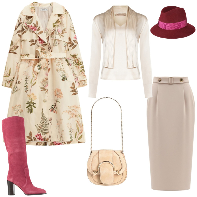 Outfit donna - Total look #2341139. Stile Glamour per Ufficio. Abbinamento con stivali, marsupi, cappelli, trench, gonne longuette, bluse.