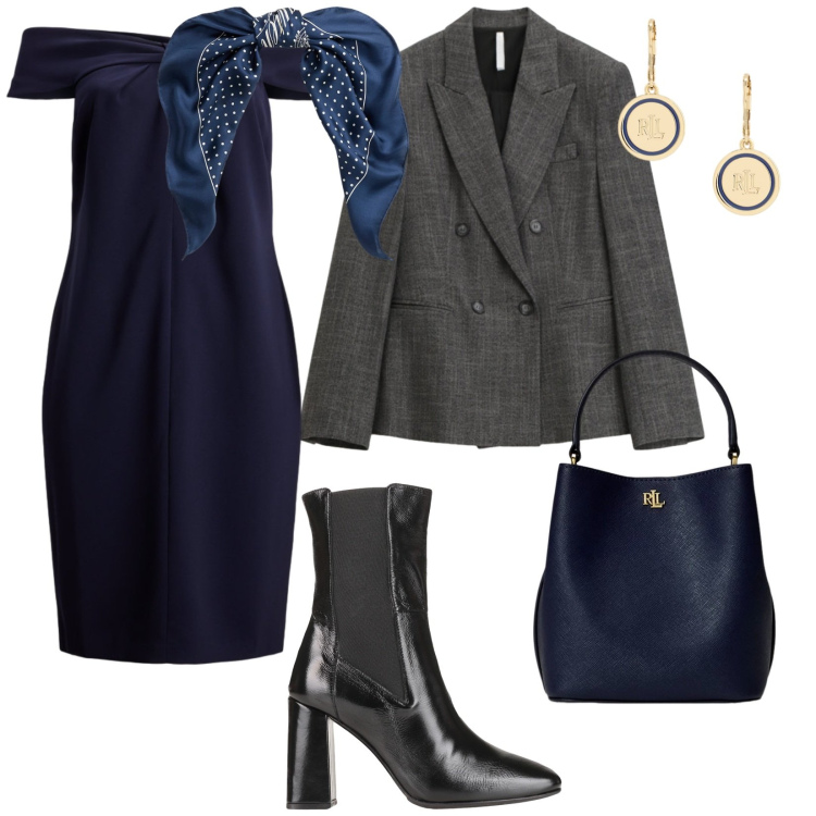 Outfit donna - Di sera. per Serata fuori. Abbinamento con stivaletti chelsea, blazer, borse a secchiello, vestiti, orecchini, foulard.
