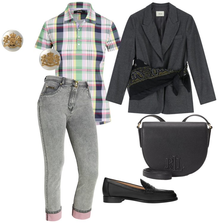 Outfit donna - La camicia a quadri. per Ufficio. Abbinamento con blazer, jeans dritti, orecchini, mocassini, polo, borse a tracolla.