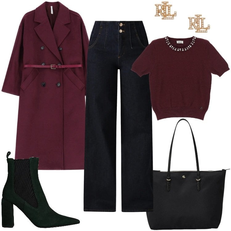 Outfit donna - In Ufficio. Stile Basic per Ufficio. Abbinamento con stivaletti, jeans, cappotti, borse tote, orecchini, maglieria.