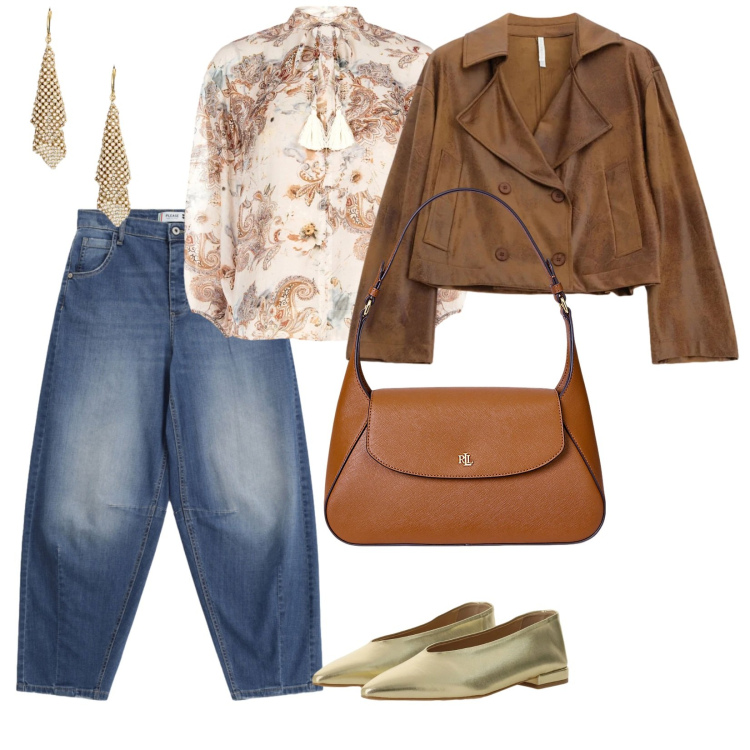 Outfit donna - Primavera. per Tutti i giorni. Abbinamento con giacche, ballerine, jeans, bluse, borse a spalla, orecchini.