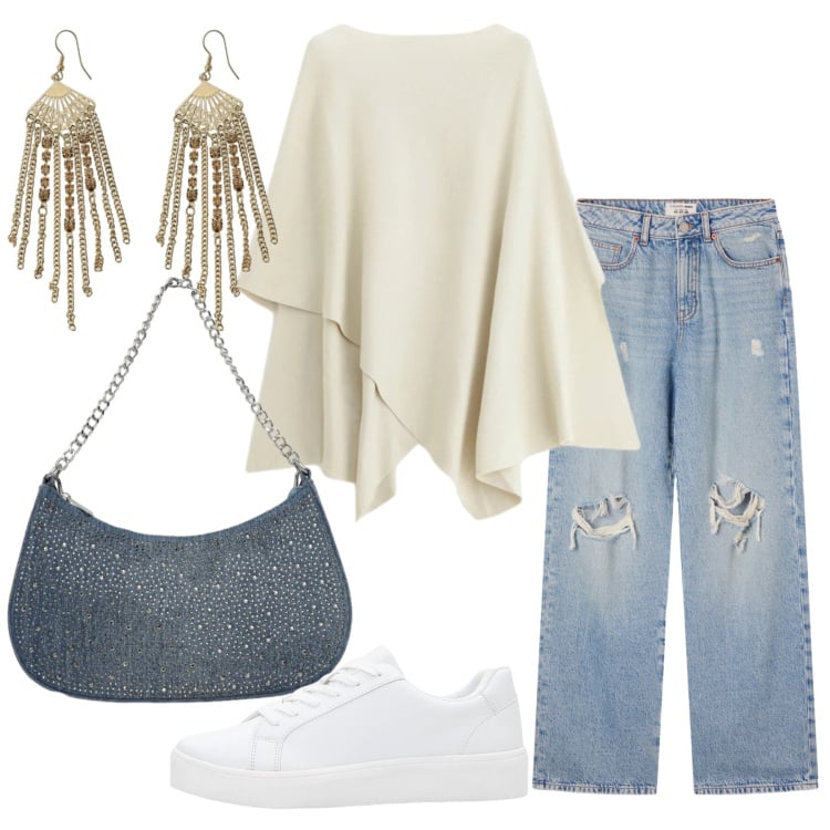 Outfit donna - Total look #2341150. Stile Casual per Tutti i giorni. Abbinamento con sneakers, borse a tracolla, jeans strappati, maglieria, orecchini.