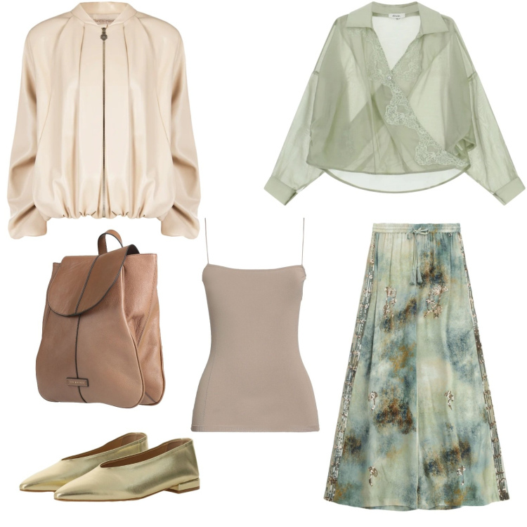 Outfit donna - Total look #2341164. Stile Casual chic per Tutti i giorni. Abbinamento con top, zaini, camicie, pantaloni a palazzo, ballerine, bomber.