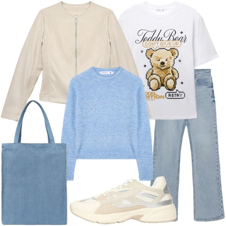 Outfit donna - Terranova - Spring Starts Here. Stile Casual per Tutti i giorni. Abbinamento con maglieria, t-shirt, giacche, jeans bootcut, sneakers, borse tote.