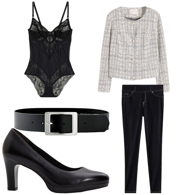 Outfit donna - Bon Prix SS26. Stile Casual chic per Tutti i giorni. Abbinamento con cardigans, jeggings, décolleté, cinture, body.