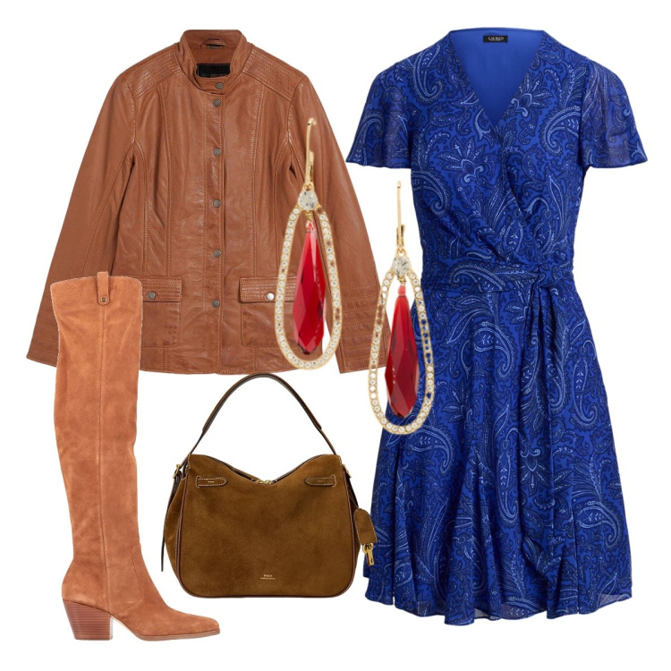 Outfit donna - Fantasia Tribale chic curvy. Stile Etnico per Tutti i giorni. Abbinamento con stivali, blazer, vestiti, orecchini, borse a mano.