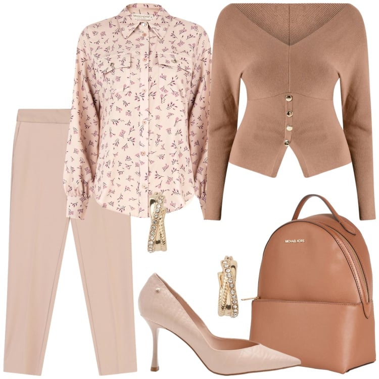 Outfit donna - Total look #2341184. Stile Bon Ton per Ufficio. Abbinamento con zaini, décolleté, maglieria, camicie, pantaloni, orecchini.