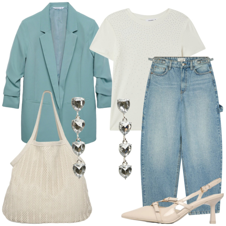 Outfit donna - Inizia la primavera. Stile Casual chic per Tutti i giorni. Abbinamento con t-shirt, blazer, jeans, décolleté, shopping bag, orecchini.