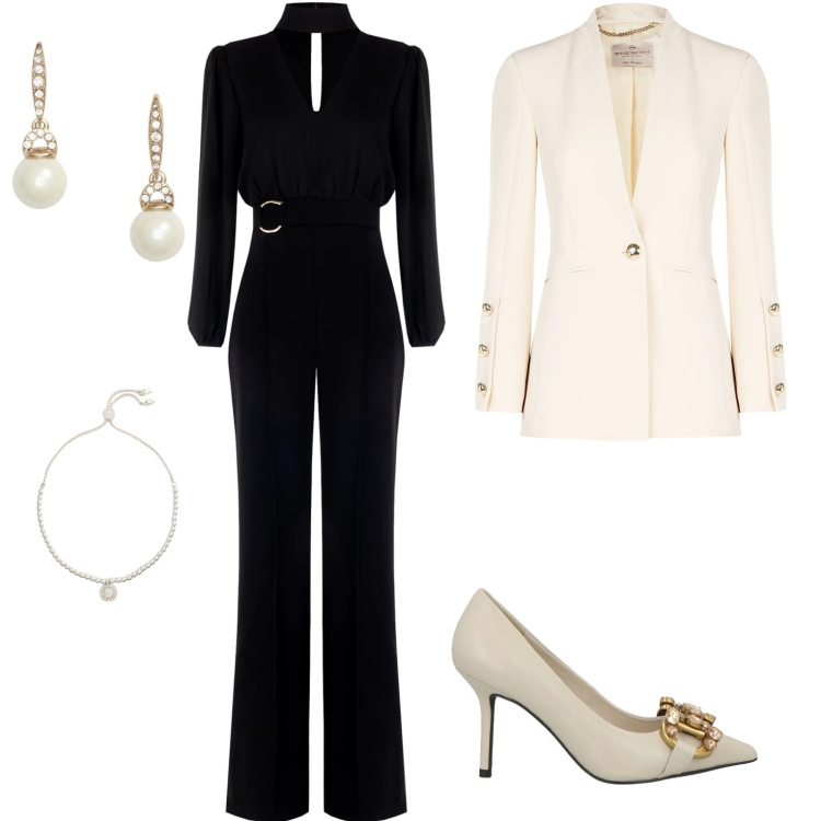 Outfit donna - Serata elegante. Stile Chic per Serata fuori. Abbinamento con décolleté, tute, blazer, orecchini, braccialetti.