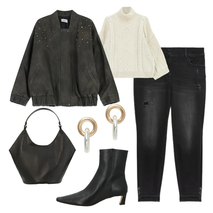 Outfit donna - Dettaglio luminoso. Stile Trendy per Tutti i giorni. Abbinamento con stivaletti, maglieria, jeans strappati, borse a spalla, bomber, orecchini.