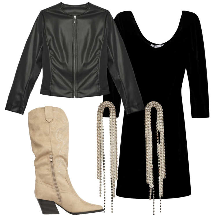 Outfit donna - Acquisti di primavera. Stile Casual chic per Tutti i giorni. Abbinamento con vestiti corti, orecchini, stivali, giacche.