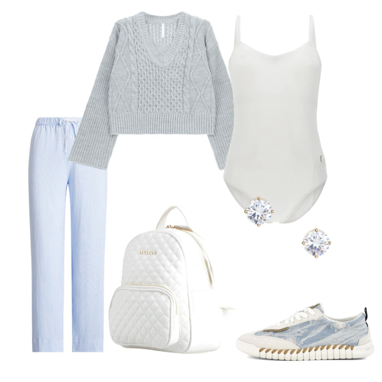 Outfit donna - Total look #2341194. Stile Casual chic per Ufficio. Abbinamento con zaini, maglieria, body, pantaloni, orecchini, sneakers.