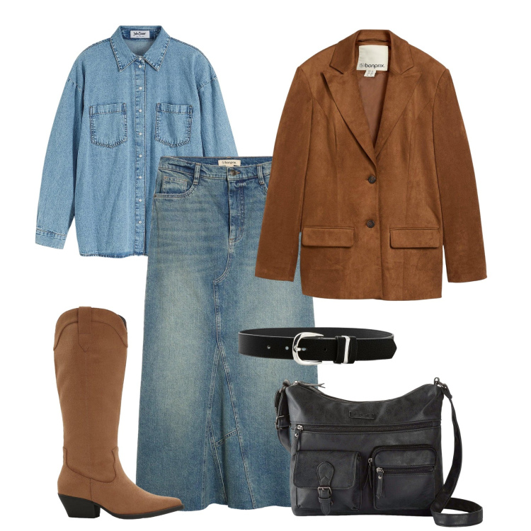 Outfit donna - Primavera texana. Stile Casual per Tutti i giorni. Abbinamento con gonne, blazer, stivali, borse a tracolla, camicie, cinture.