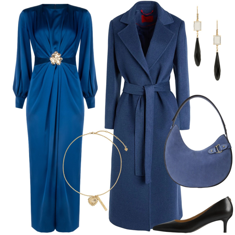 Outfit donna - Love is in the air. Stile Chic per Serata fuori. Abbinamento con cappotti, vestiti lunghi, décolleté, orecchini, ciondoli, borse a spalla.