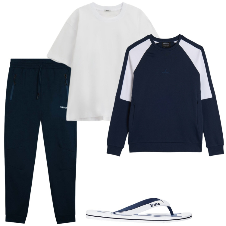 Outfit uomo - La sera a casa. Stile Casual per Tutti i giorni. Abbinamento con t-shirt, pantaloni, felpe, sandali.