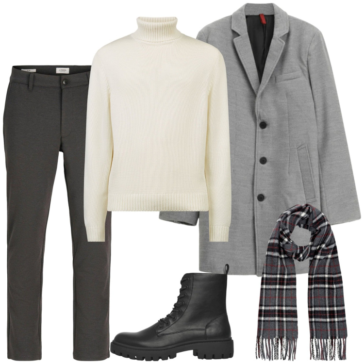 Outfit uomo - Elegante. Stile Business/Elegante per Serata speciale. Abbinamento con pantaloni chino, cappotti, anfibi, maglieria, sciarpe.