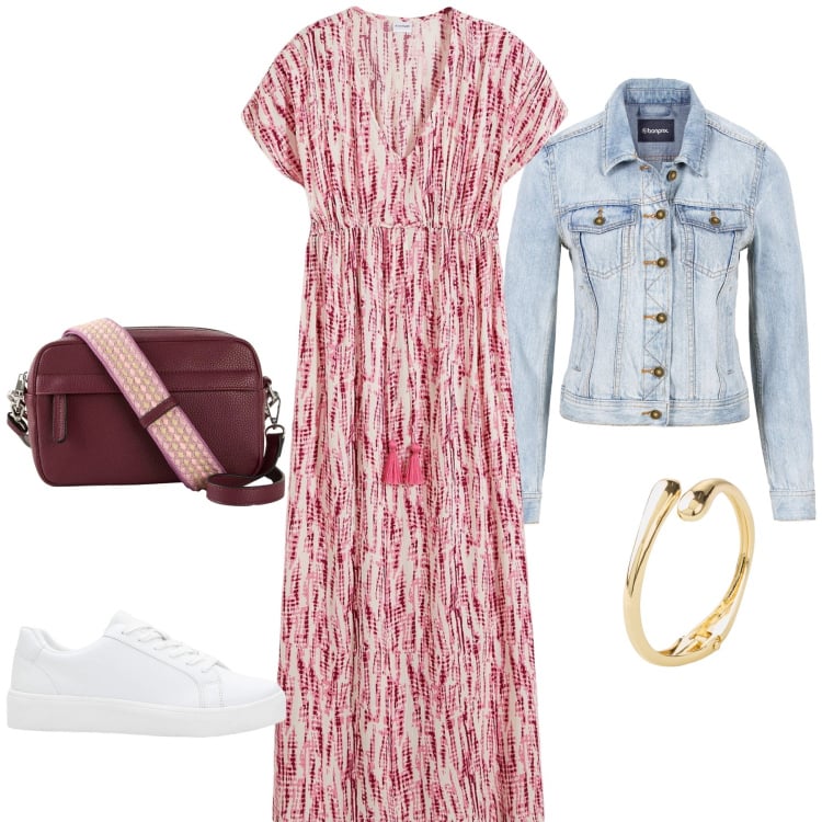 Outfit donna - Urban Folk Vibes. Stile Boho per Tutti i giorni. Abbinamento con vestiti lunghi, giacche sportive, borse a tracolla, sneakers, braccialetti.